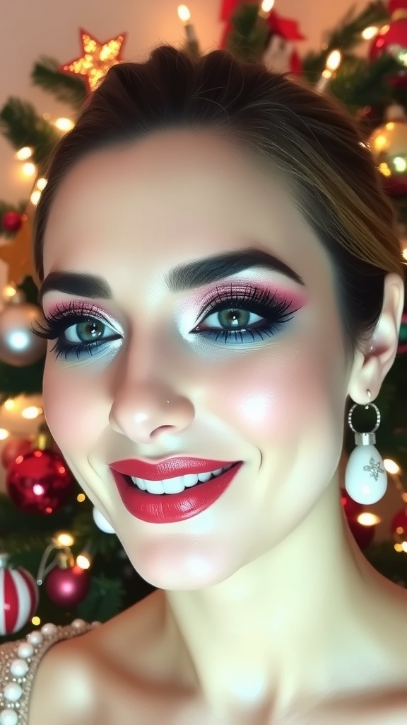 Elegant Christmas makeup with shimmering eyes and pearl accents, set against a festive background.